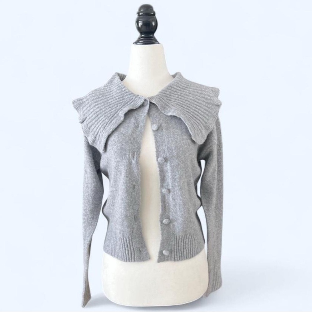 Sincerly Jules Womens Grey Cardigan Dainty Ruffled Bonnet Collar Whimsy Twee XS